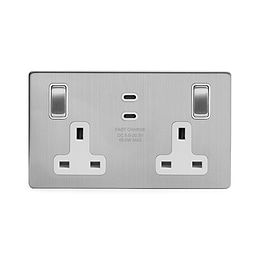 Soho Lighting Brushed Chrome 2 Gang 65W USB C+C Socket (13A Socket + 2 USB C Ports)  White Inserts