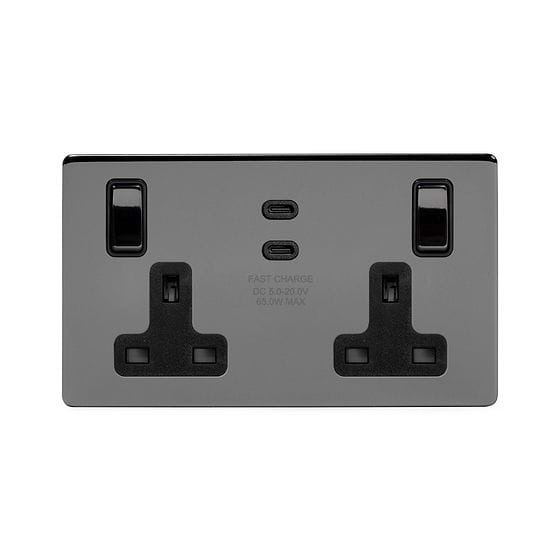 Soho Lighting Black Nickel 2 Gang 65W USB C+C Socket (13A Socket + 2 USB C Ports) 
