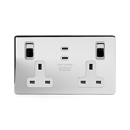 Soho Lighting Polished Chrome 2 Gang 65W USB C+C Socket (13A Socket + 2 USB C Ports)  White Inserts