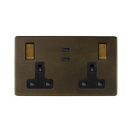 Soho Lighting Vintage Brass 2 Gang 65W USB C+C Socket (13A Socket + 2 USB C Ports) 