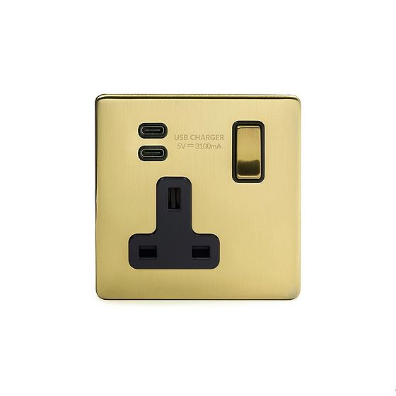 Soho Lighting Brushed Brass 1 Gang USB C+C Socket (13A Socket + 2 USB C 3.1A Ports) 
