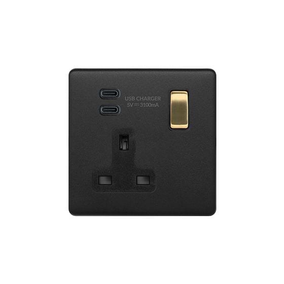 Matt Black and Brass 1 Gang USB C Socket
