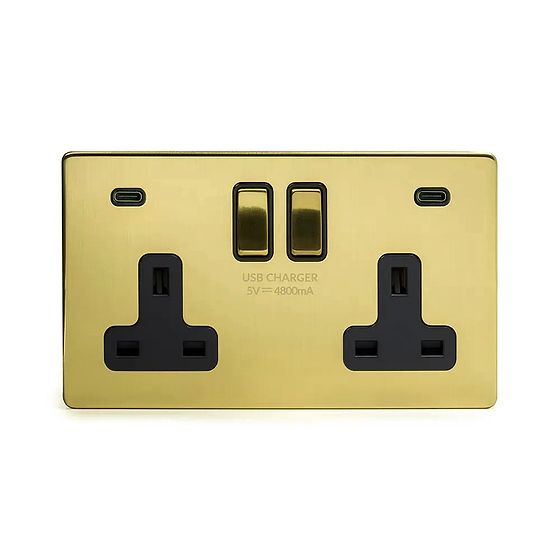 Soho Lighting Brushed Brass 2 Gang USB C+C Socket (13A Socket + 2 USB C 4.8A Ports) 