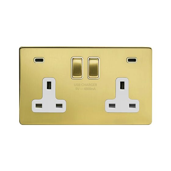Soho Lighting Brushed Brass 2 Gang USB C+C Socket (13A Socket + 2 USB C 4.8A Ports) 