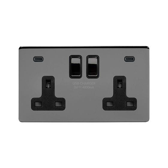 Soho Lighting Black Nickel 2 Gang USB C+C Socket (13A Socket + 2 USB C 4.8A Ports) 