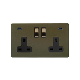Soho Lighting Bronze 2 Gang USB C+C Socket (13A Socket + 2 USB C 4.8A Ports)  - Black Insert