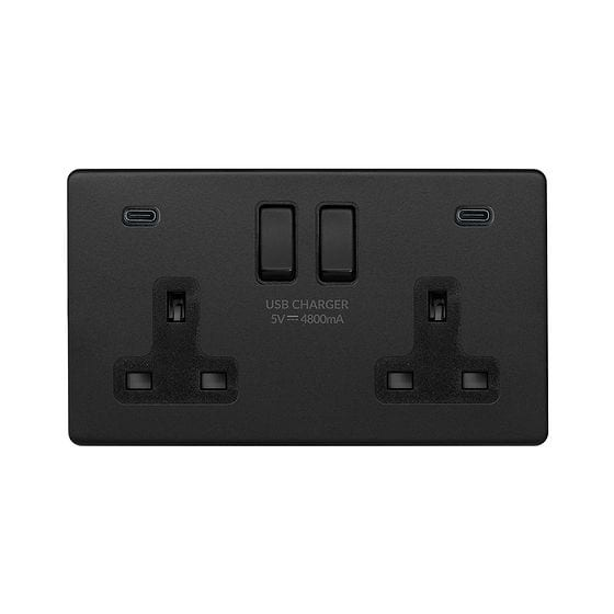 Soho Lighting Matt Black 2 Gang USB C+C Socket (13A Socket + 2 USB C 4.8A Ports)