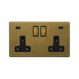 Soho Lighting Old Brass 2 Gang USB C+C Socket (13A Socket + 2 USB C 4.8A Ports) 