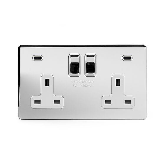 Soho Lighting Polished Chrome 2 Gang USB C+C Socket (13A Socket + 2 USB C 4.8A Ports)