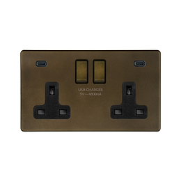 Soho Lighting Vintage Brass 2 Gang USB C+C Socket (13A Socket + 2 USB C 4.8A Ports) 