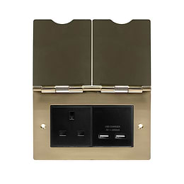 Soho Lighting Brushed Brass Screwless Double Floor Outlet 13Amp Socket & USB Charger - Blk Ins