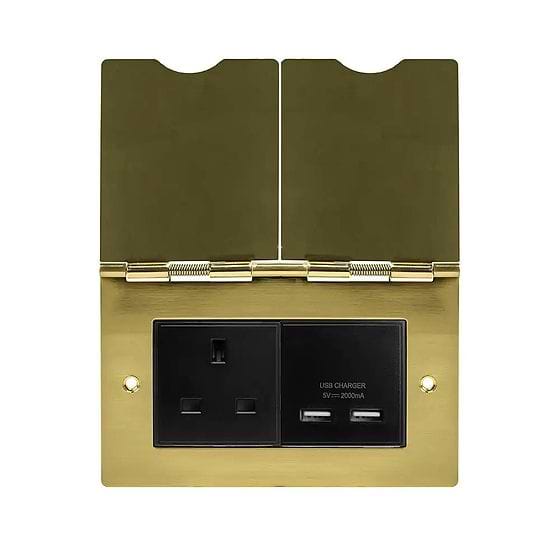 Soho Lighting Brushed Brass Screwless Double Floor Outlet 13A Socket & USB Charger - Blk Ins