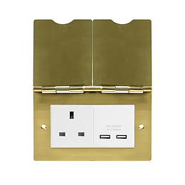 Soho Lighting Brushed Brass Screwless Double Floor Outlet 13A Socket & USB Charger White Inserts