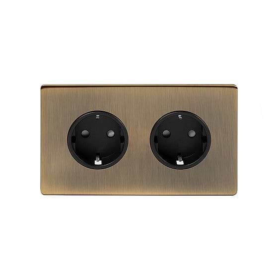 Soho Lighting Antique Brass 16A 2 Gang Euro Schuko Socket Blk Ins Screwless