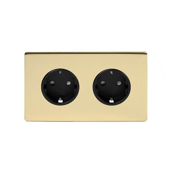 Soho Lighting Brushed Brass 16A 2 Gang Euro Schuko Socket Blk Ins Screwless