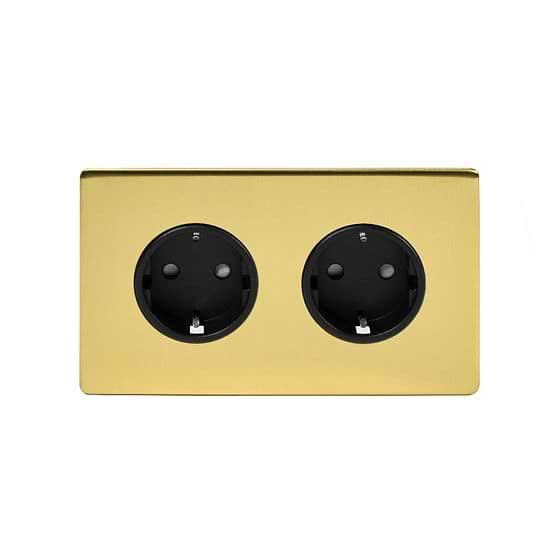 Soho Lighting Brushed Brass 16A 2 Gang Euro Schuko Socket Blk Ins Screwless