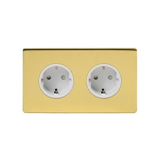 Soho Lighting Brushed Brass 16A 2 Gang Euro Schuko Socket Wht Ins Screwless