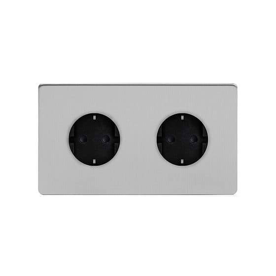 Soho Lighting Brushed Chrome 16A 2 Gang Euro Schuko Socket Blk Ins Screwless