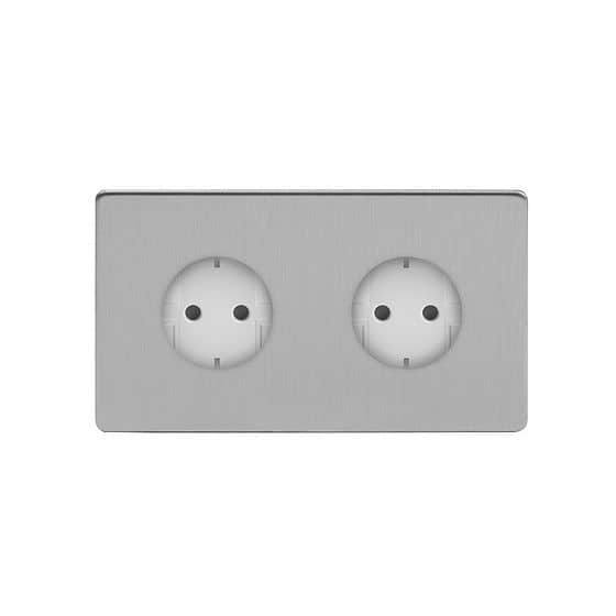Soho Lighting Brushed Chrome 16A 2 Gang Euro Schuko Socket Wht Ins Screwless