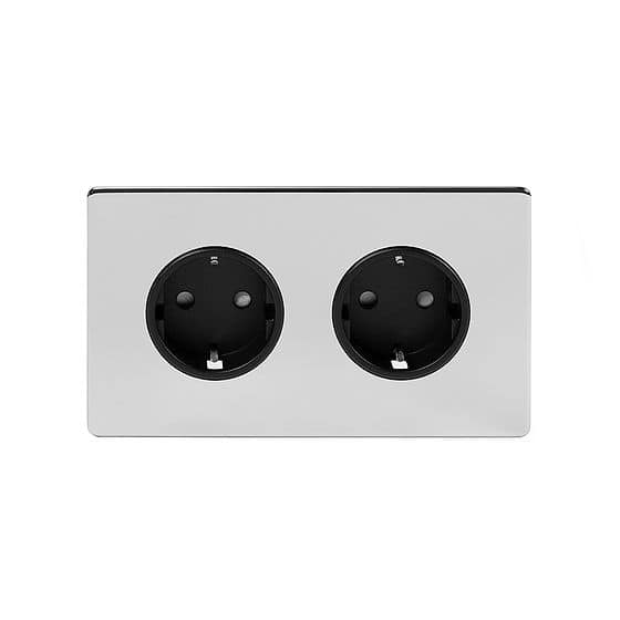 Soho Lighting Polished Chrome 16A 2 Gang Euro Schuko Socket Blk Ins Screwless