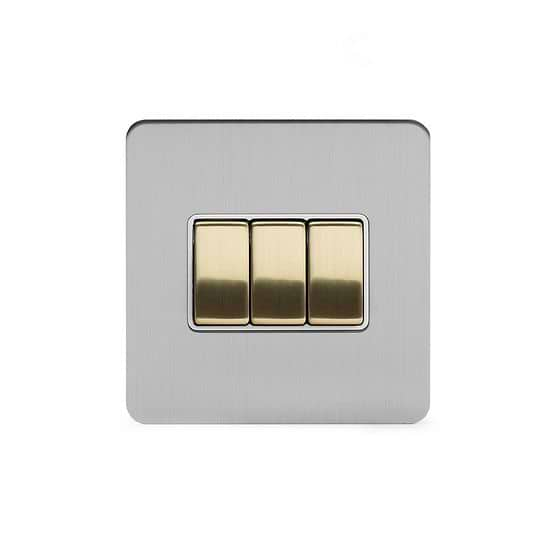 Soho Lighting Brushed Chrome & Brushed Brass 10A 3 Gang 2 Way Switch White Inserts Screwless