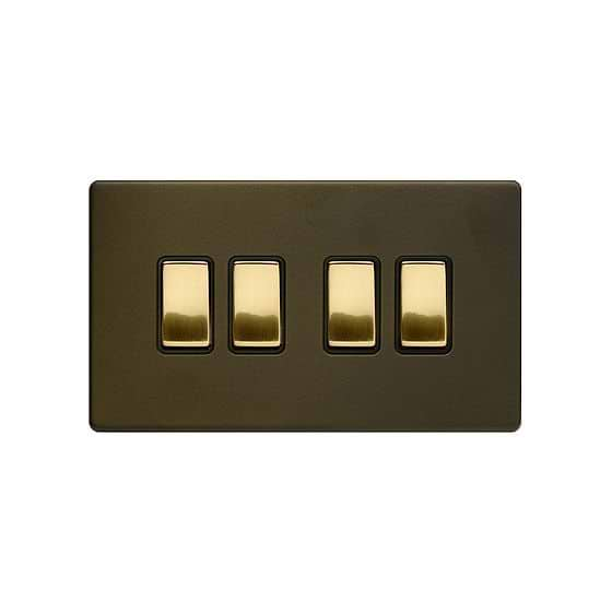 Soho Lighting Bronze & Brushed Brass 10A 4 Gang 2 Way Switch Black Inserts Screwless