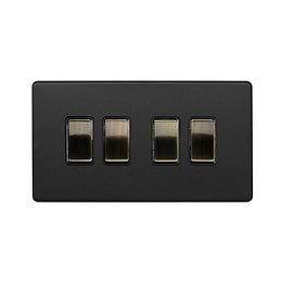 Matt Black and Antique Brass 4 Gang Light Switch
