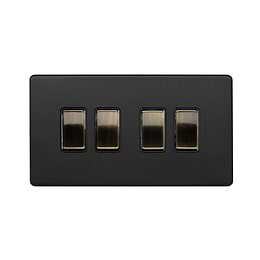 Soho Lighting Matt Black and Antique Brass 10A 4 Gang 2 Way Switch