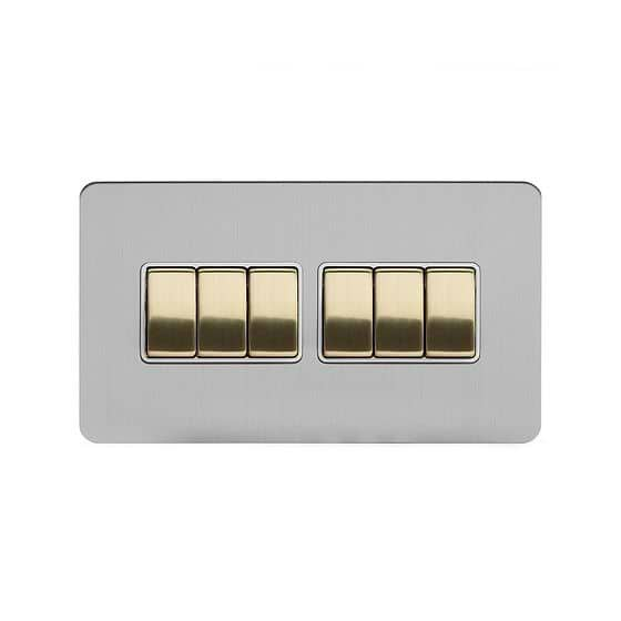 Soho Lighting Brushed Chrome & Brushed Brass 10A 6 Gang 2 Way Switch White Inserts Screwless