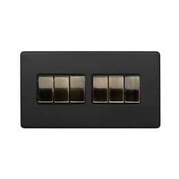 Matt Black and Antique Brass 6 Gang Light Switch
