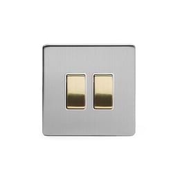 Soho Lighting Brushed Chrome & Brushed Brass 2 Gang Switch with 1x Intermediate Switch & 20A 1x 2 Way Switch White Inserts Screwless