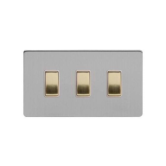Soho Lighting Brushed Chrome & Brushed Brass 10A 3 Gang Switch on Double Plate 2 Way Screwless 