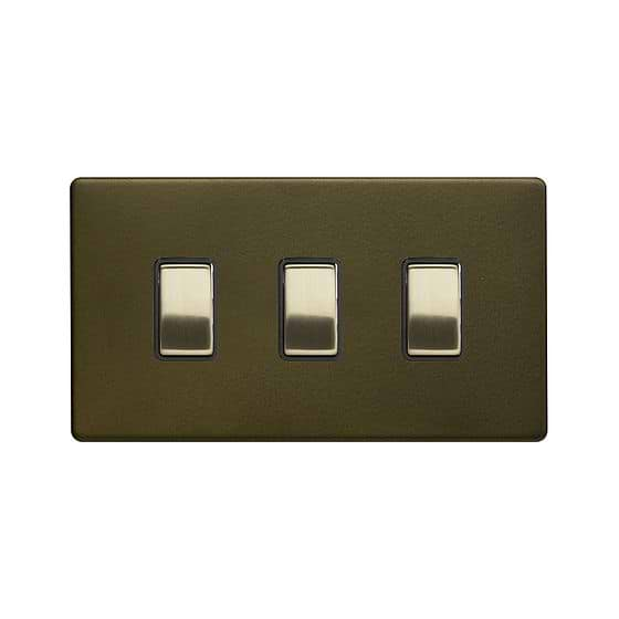 Soho Lighting Bronze with Brushed Brass 10A 3 Gang Switch on Double Plate 2 Way Screwless 