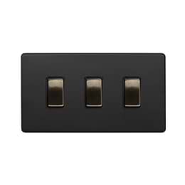 Matt Black and Antique Brass 3 Gang Switch on Double Plate
