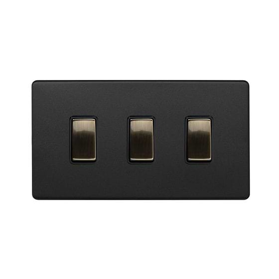 Soho Lighting Matt Black and Antique Brass 3 Gang Switch Double Plate 2 Way