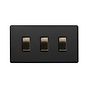 Matt Black and Antique Brass 3 Gang Switch on Double Plate
