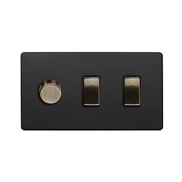 Soho Lighting Matt Black and Antique Brass 3 Gang Light Switch with 1 dimmer (2x 2 Way Switch & Trailing Dimmer)