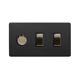 Soho Lighting Matt Black and Antique Brass 3 Gang Dimmer and Rocker Switch Combo (2-Way Intelligent Dimmer & 2x 2 Way Switch )