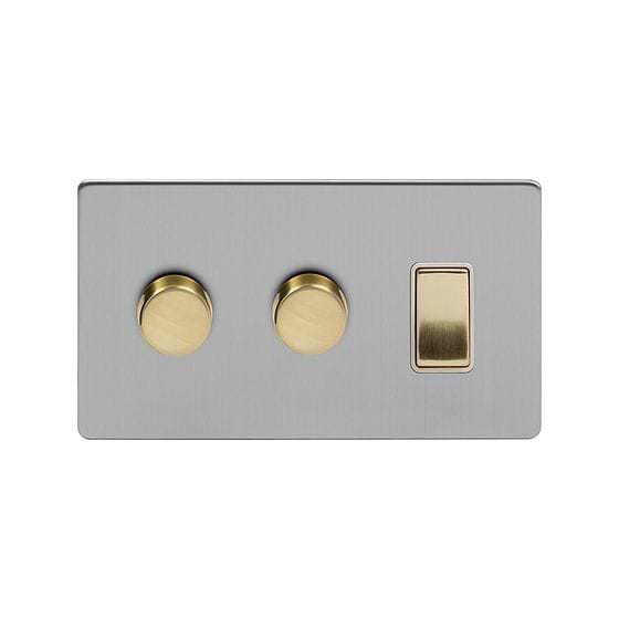 Soho Lighting Brushed Chrome & Brushed Brass 3 Gang Light Switch with 2 Dimmers (2 x 2 Way Intelligent Dimmer & 2-Way Switch)