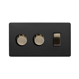 Soho Lighting Matt Black and Antique Brass 3 Gang Dimmer and Rocker Combo (2 x Trailing Dimmer & 1 x 2 Way Switch)