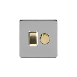 Soho Lighting Brushed Chrome & Brushed Brass  dimmer and rocker switch combo Screwless (2 Way Switch & Trailing Dimmer) 