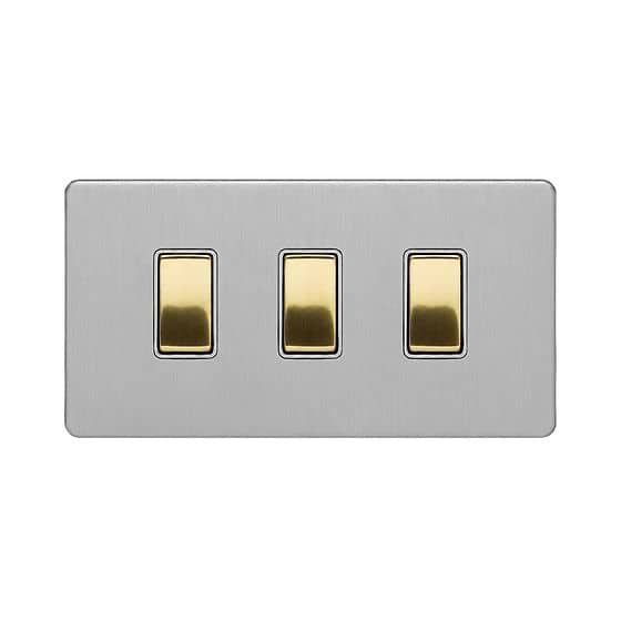 Soho Fusion Brushed Chrome & Brushed Brass  3 Gang Switch With 1 Intermediate (2 x 2 Way Switch with 1 Intermediate) Screwless 