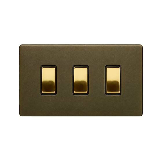 Soho Fusion Bronze with Brushed Brass 3 Gang Switch With 1 Intermediate (2 x 2 Way Switch with 1 Intermediate) Screwless