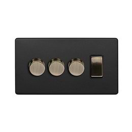 Soho Lighting Matt Black and Antique Brass 4 Gang Switch with 3 Dimmers (3x150W LED Dimmer 1x20A Switch)