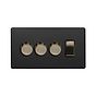 Soho Lighting Matt Black and Antique Brass 4 Gang Switch with 3 Dimmers (3x150W LED Dimmer 1x20A Switch)