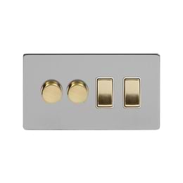 Soho Lighting Brushed Chrome & Brushed Brass 4 Gang Switch with 2 Dimmers (2x150W LED Dimmer 2x20A Switch) 