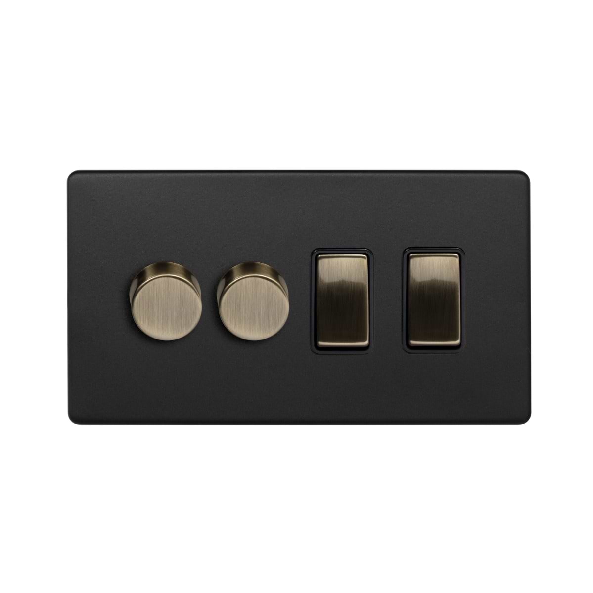 Soho Lighting Matt Black and Antique Brass 4 Gang Switch with 2 Dimmers