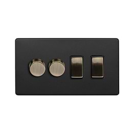 Soho Lighting Matt Black and Antique Brass 4 Gang Switch with 2 Dimmers (2x150W LED Dimmer 2x20A Switch)