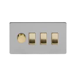 Soho Lighting Brushed Chrome & Brushed Brass 4 Gang Switch with 1 Dimmer (1x150W LED Dimmer 3x20A Switch) 