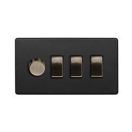 Soho Lighting Matt Black and Antique Brass 4 Gang Switch with 1 Dimmer (1x150W LED Dimmer 3x20A Switch)